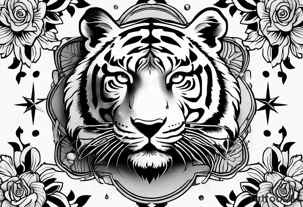 Full sleeve with compass and tiger roses tattoo idea