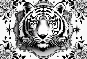 Full sleeve with compass and tiger roses tattoo idea