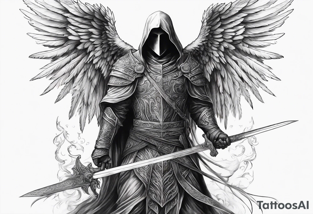 realistic angel of death, man, full body, no face visible, holding one sword, sword vertically pointing downwards tattoo idea