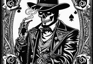 Cowboy skeleton playing cards and smoking a cigarette tattoo idea