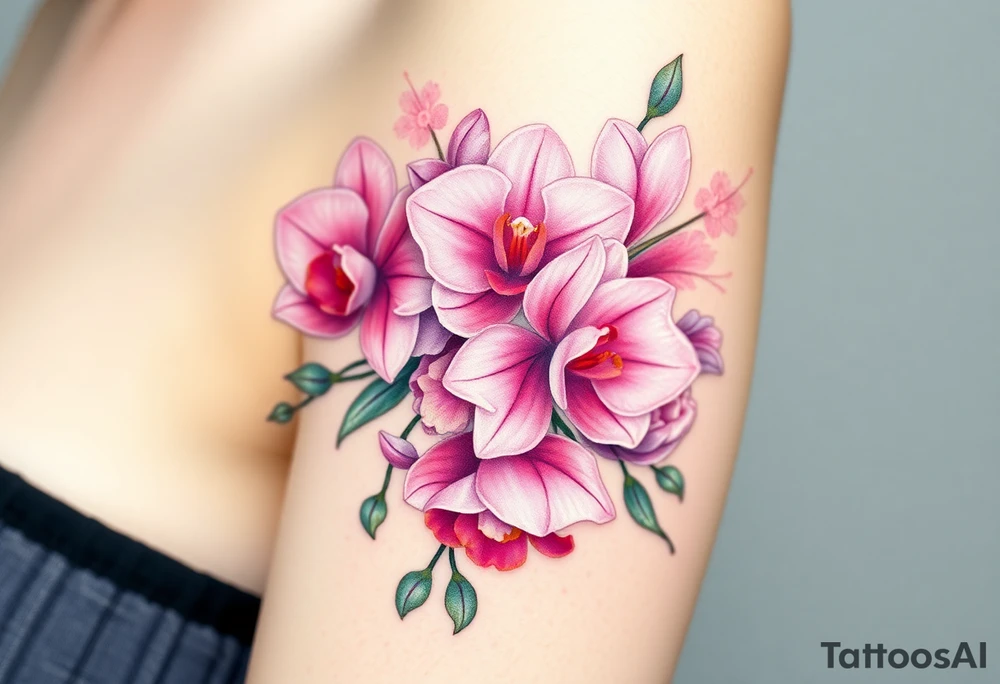 A bouquet of orchids intertwined with roses and lilies, bursting with soft pink and lavender hues tattoo idea