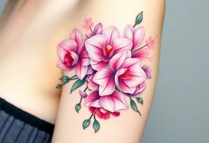 A bouquet of orchids intertwined with roses and lilies, bursting with soft pink and lavender hues tattoo idea