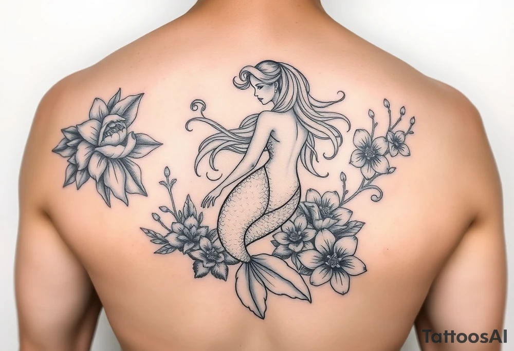 ethereal mermaid with flowing hair among coral and sea flowers tattoo idea