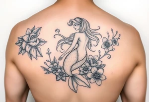 ethereal mermaid with flowing hair among coral and sea flowers tattoo idea