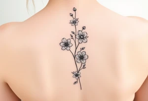 Delicate simple flowers vertically down the spine tattoo idea