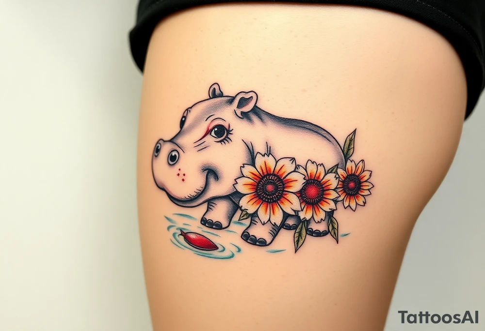 Cute hippo and with sunflowers and carnations and water tattoo idea