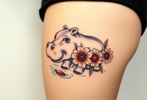 Cute hippo and with sunflowers and carnations and water tattoo idea