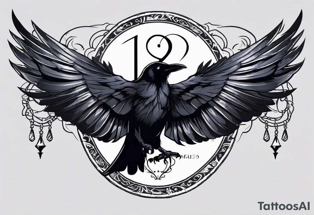 A raven and a butterfly flying together. 
In the background is the name Malia.
In the background is the name SKF.
The number 89 can be seen in the background.
There is also a scorpion in the wing of the butterfly. tattoo idea