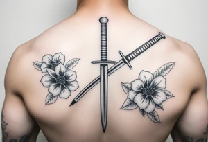 Masculine Japanese sword with flowers around it tattoo idea