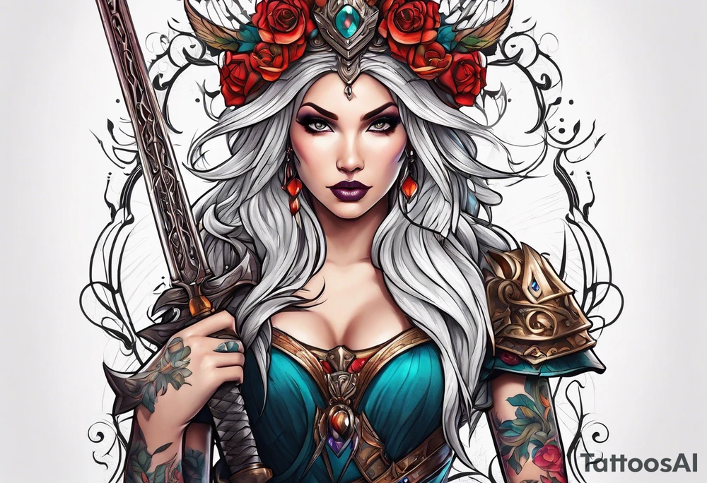 A feminine mythical creature animal holding a weapon tattoo idea