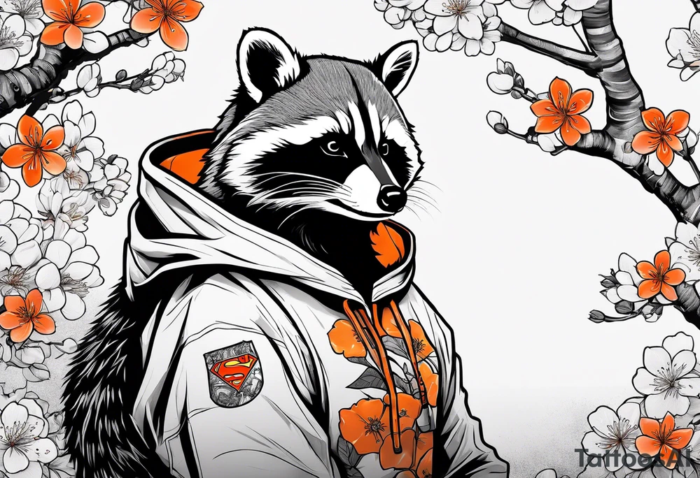 raccoon wearing a Superman hoodie with orange Japanese cherry blossoms tattoo idea