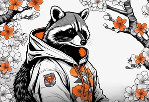 raccoon wearing a Superman hoodie with orange Japanese cherry blossoms tattoo idea