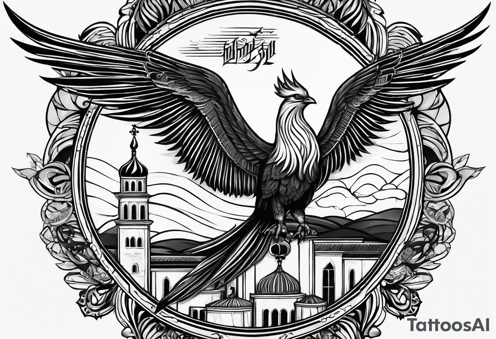 russian firebird in-flight with long fancy tail and 3 small onion cap monastery towers in background, with "Isaiah 43: 18-19" tattoo idea