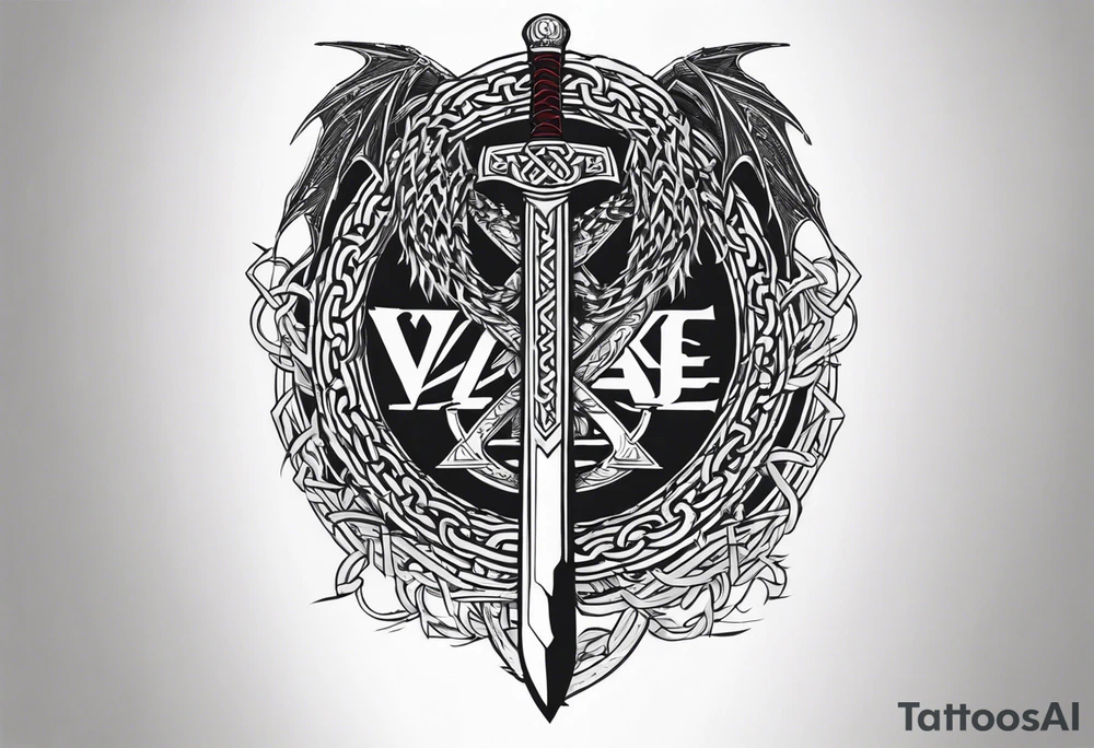 Valhalla sword shield dragon axe Valknut barbed wire chains tattoo idea Valhalla sword shield dragon axe Valknut barbed wire chains tattoo idea