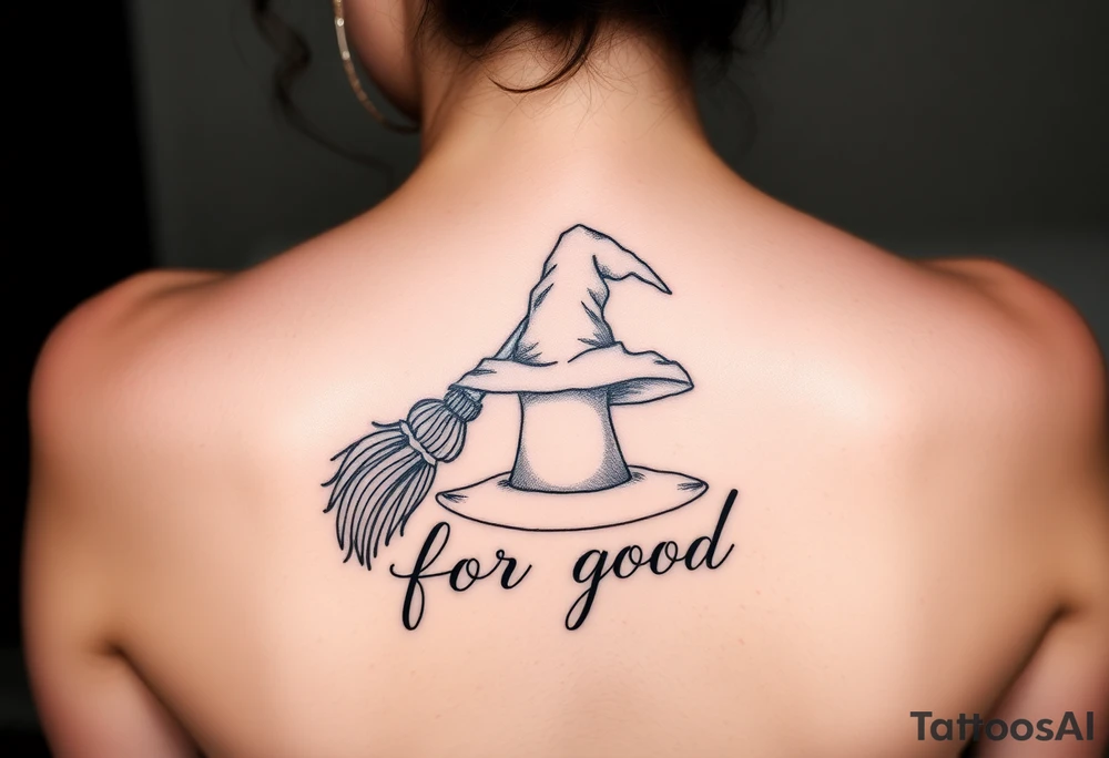 Wicked theme with a wand & broom crossing each other, then a witch hat. Then the lettering “for good” tattoo idea