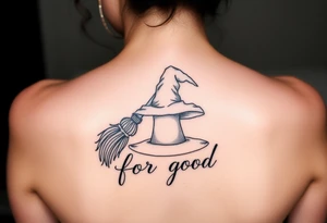 Wicked theme with a wand & broom crossing each other, then a witch hat. Then the lettering “for good” tattoo idea