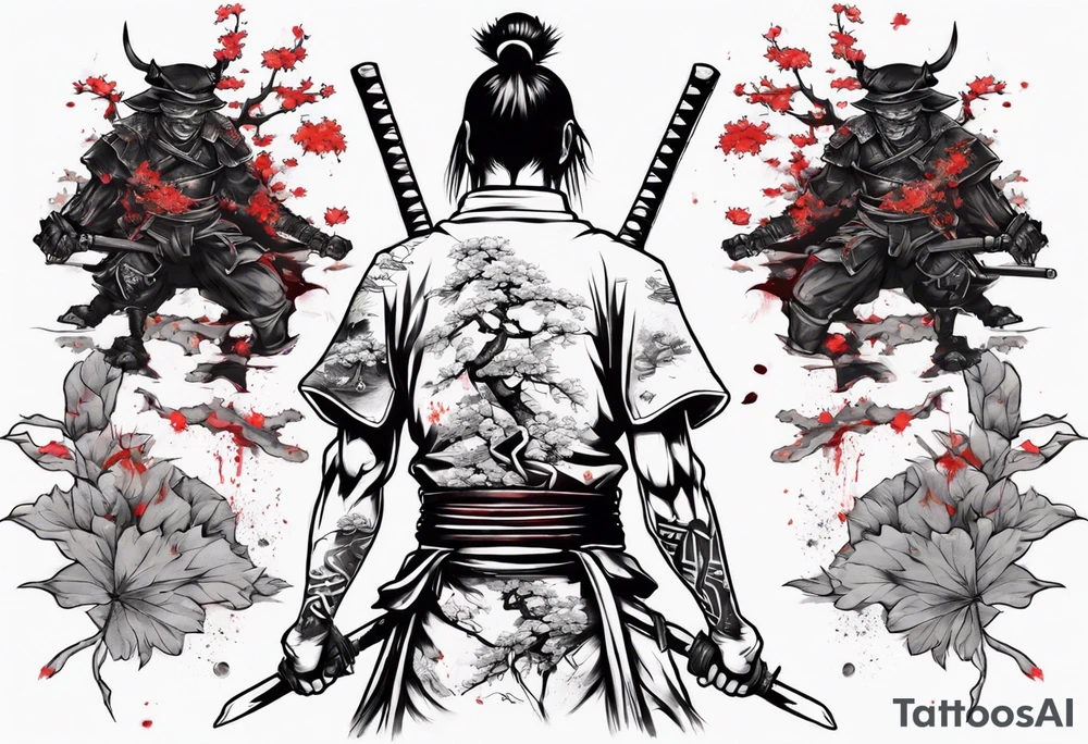 A samurai standing with his back among swords, he has a hole in his back and where the blood came from he saw sakura leaves tattoo idea