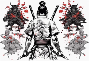A samurai standing with his back among swords, he has a hole in his back and where the blood came from he saw sakura leaves tattoo idea