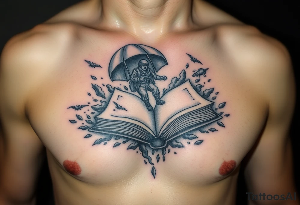 A parachuting soldier falling into an open book. Chaos surrounding, but the book is protecting the soldier from it. On the chest. Make the tattoo smaller. Make it thought provoking. Make the chaos in the environment be an eerie mist. Make the pages in the book be blank. Just one soldier, no other characters. the book is old. tattoo idea