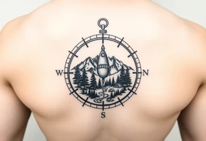 Open compass, bottom half with mountains, trees, stream, and tent. The S of the compass should be a fishing lure tattoo idea