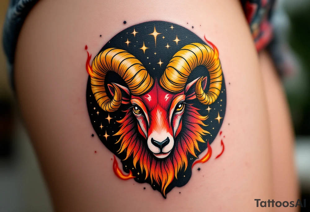 A fiery Aries tattoo featuring a bold red and orange ram’s head with golden horns curling upward, set against a black cosmic background with glowing stars and subtle flames licking around the edges. tattoo idea