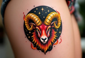 A fiery Aries tattoo featuring a bold red and orange ram’s head with golden horns curling upward, set against a black cosmic background with glowing stars and subtle flames licking around the edges. tattoo idea