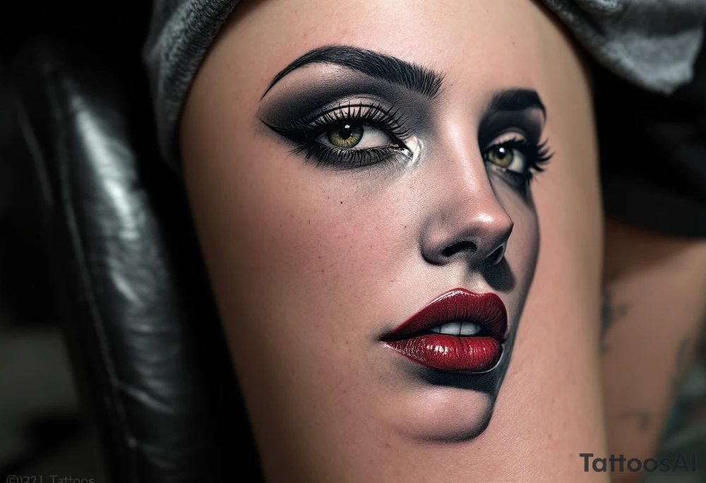 Classic black and grey portrait with only the beauty mark and lips in wine red. tattoo idea