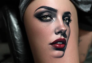Classic black and grey portrait with only the beauty mark and lips in wine red. tattoo idea