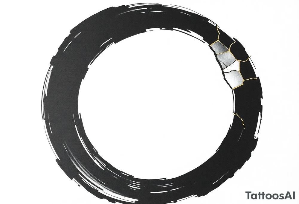 A Japanese‑inspired tattoo of a thick Zen ensō circle, drawn with a bold, hand‑painted black ink brushstroke. The circle is imperfect and organic, with visible texture and subtle variation in line thickness. About the last quarter of the circle, near the top‑right, transforms into a cracked ceramic segment that has been repaired using kintsugi: visible broken pieces outlined and joined by thin, flowing gold lines. The gold seams follow the natural fractures of the ceramic section, creating several branching cracks rather than a single line, clearly distinguishing this repaired portion from the rest of the smooth ink circle. The transition from ink to ceramic should feel natural, as if the painted circle solidifies into a fragile object that has been lovingly mended. Keep the interior of the circle empty, with a clean white background and no extra symbols or text. Design it as a black and gray tattoo with a subtle metallic gold effect on the kintsugi seams, suitable for a medium‑sized placement on the back of the bicep. tattoo idea