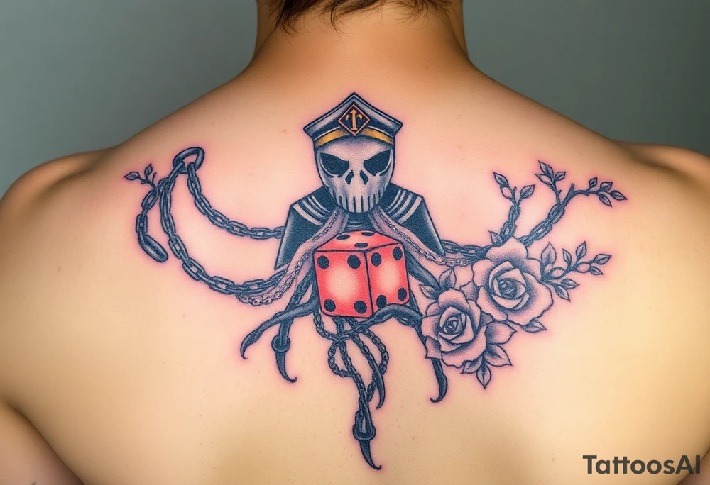 Squid and knight and sailor hat combined with chains, tree roots, cherry blossoms and roses rolling dice tattoo idea