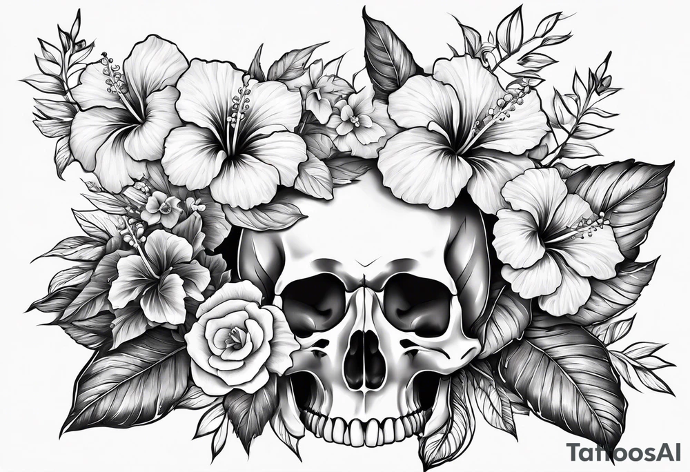 a female skeleton with hibiscus flower. Hint of south korea tattoo idea