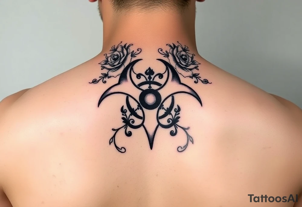 floral biohazard symbol in old school style black ink tattoo idea
