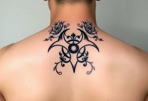 floral biohazard symbol in old school style black ink tattoo idea