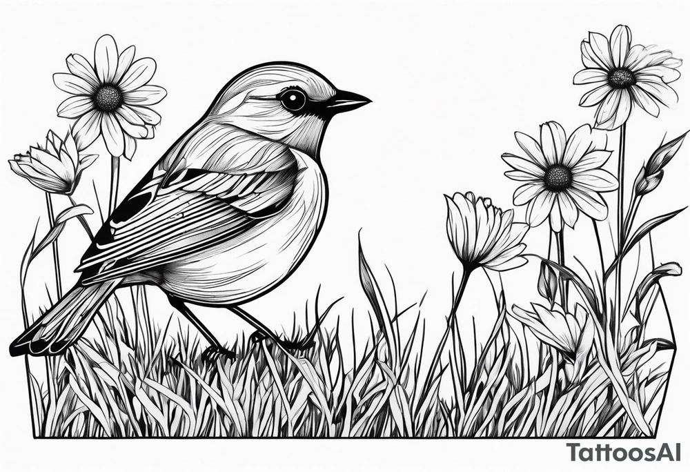 Little bird perched on grass with a daisy tattoo idea