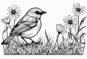 Little bird perched on grass with a daisy tattoo idea