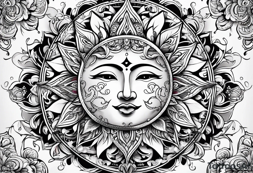 sun moon floral tattoo idea