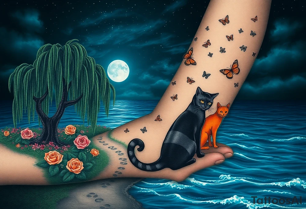 Night time. Ocean.  weeping willow garden with roses and liles flower beds. fantasy creatures, fairies, mermiads, dragons butterflies,  cat paw prints path in dirt. Black cat and orange cat tattoo idea