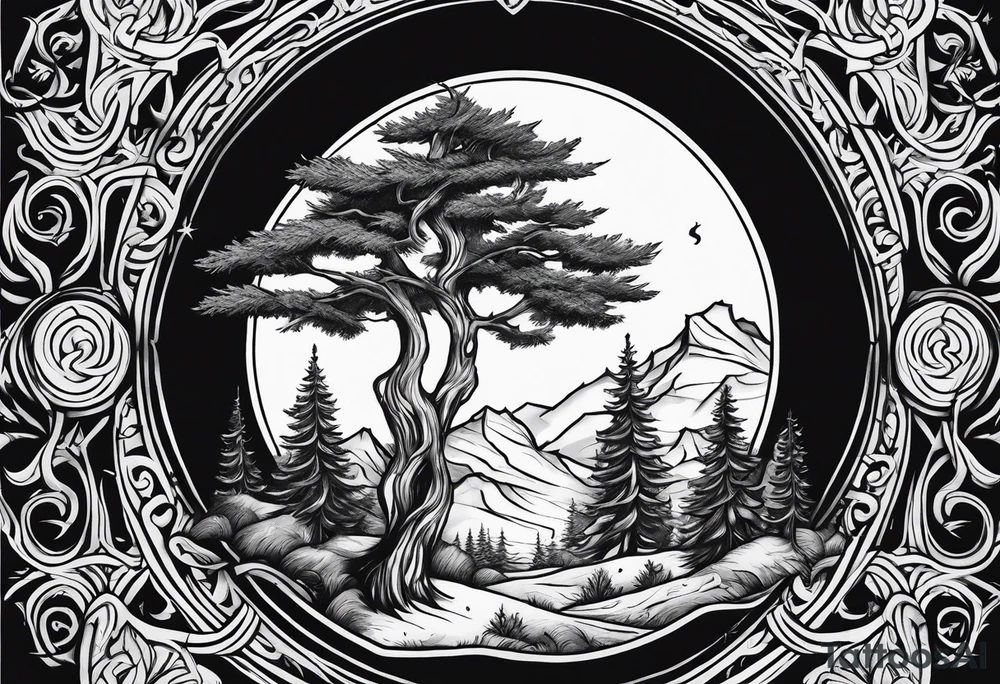 Yew trees with ullr in background tattoo idea