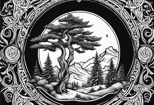 Yew trees with ullr in background tattoo idea