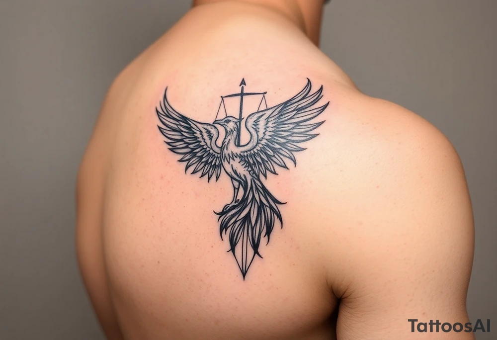 Side arm tattoo with the phoenix rising from the ashes linked with libra sign and based on discipline and the help of God.Geometric and abstract style tattoo idea