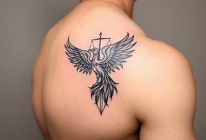Side arm tattoo with the phoenix rising from the ashes linked with libra sign and based on discipline and the help of God.Geometric and abstract style tattoo idea