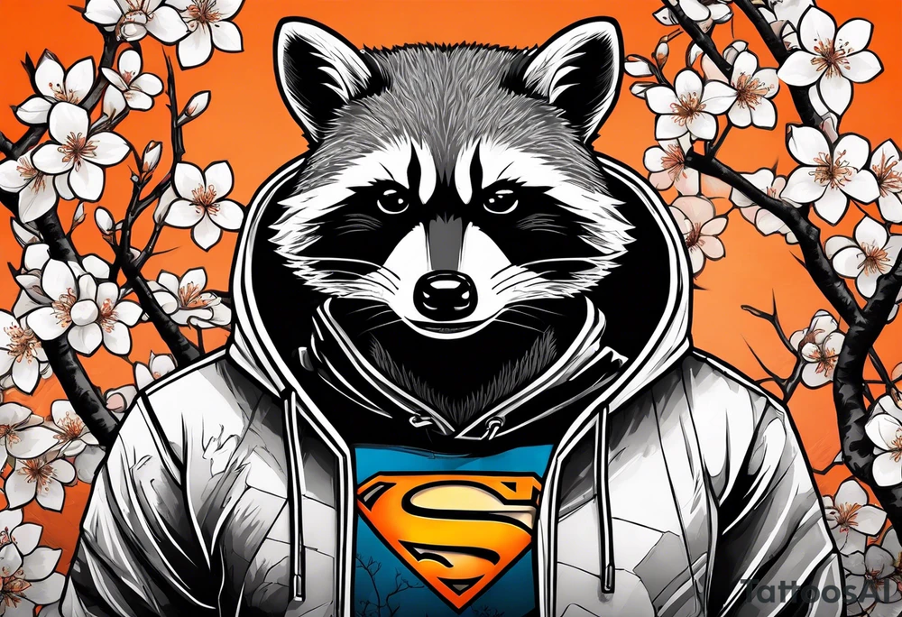 Raccoon wearing a white Superman logo on a black hoodie and orange Japanese cherry blossoms tattoo idea
