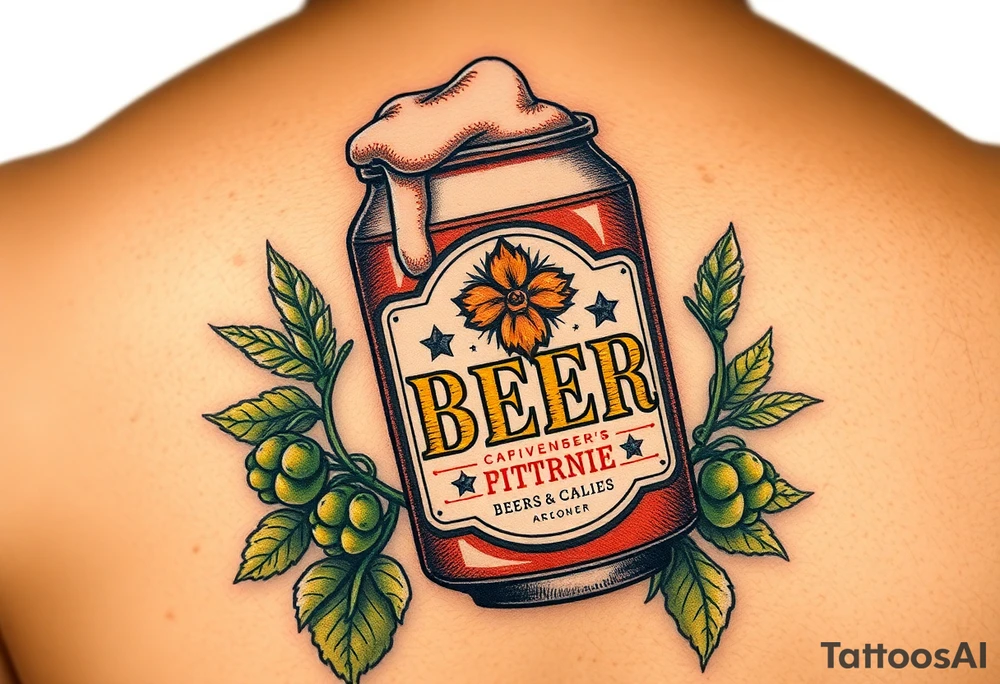 A vintage-style beer can with a retro label, featuring bold typography, a golden hop emblem, and subtle weathered textures. The can is slightly tilted, with frothy foam dripping over the top, and surrounded by barley stalks and hop vines in warm amber, deep green, and rustic brown tones tattoo idea