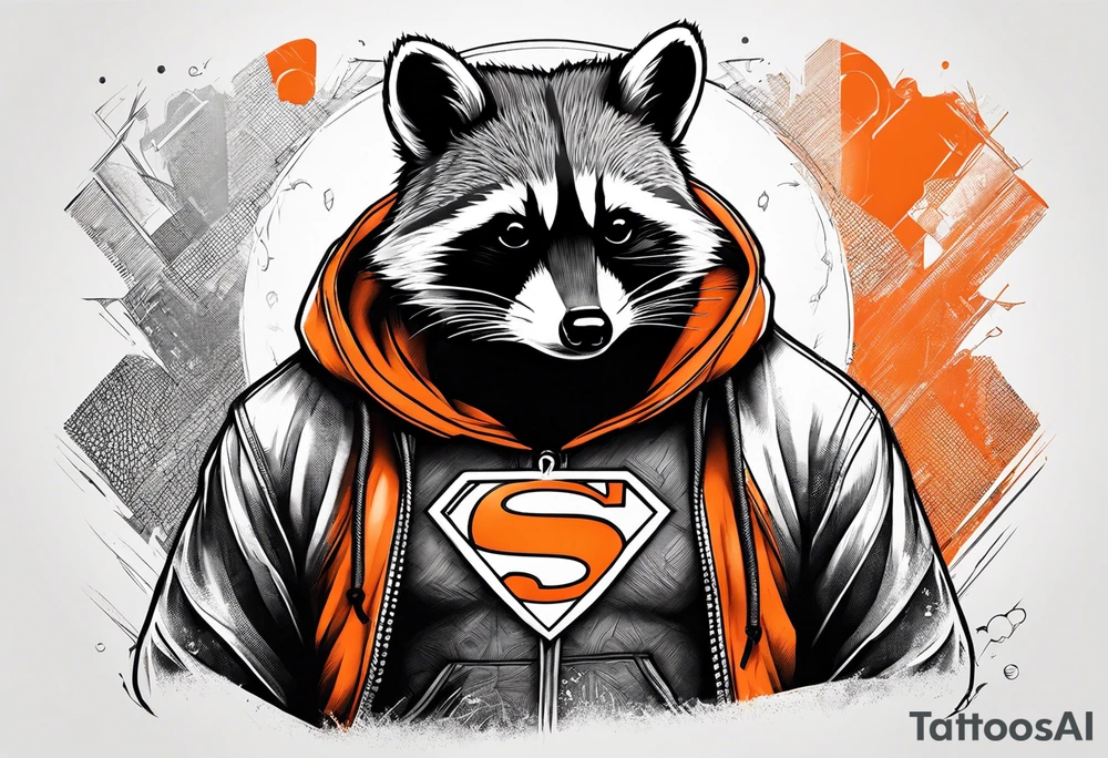 Raccoon wearing an orange Superman hoodie tattoo idea