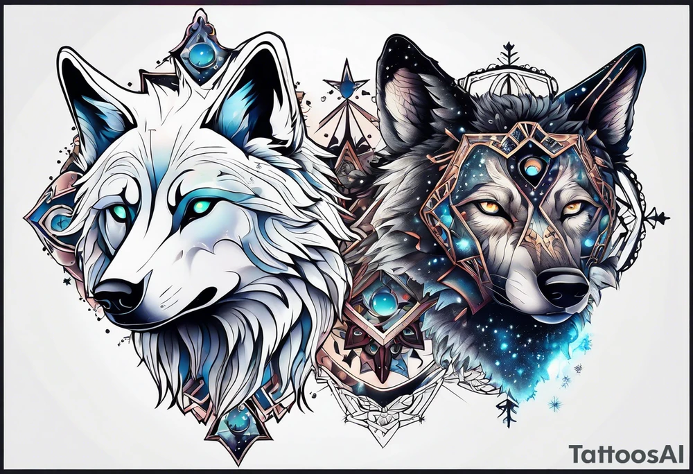 Constellation, animal alien wolf, snowflake tattoo idea