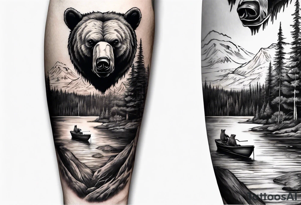 bear head right above the forest line with a lake below with a small fisher boat floating on it, full sleeve tattoo tattoo idea