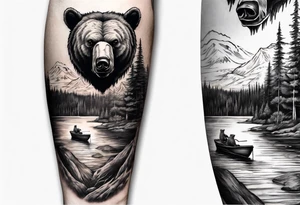 bear head right above the forest line with a lake below with a small fisher boat floating on it, full sleeve tattoo tattoo idea