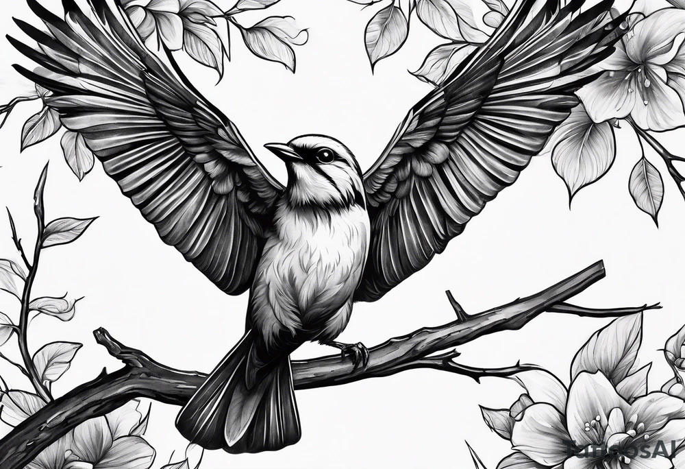 Bird powerfully looking while on a branch tattoo idea