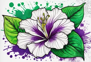 An outline of an only green rio dipladenia flower and a green and purple watercolor splash in the background tattoo idea