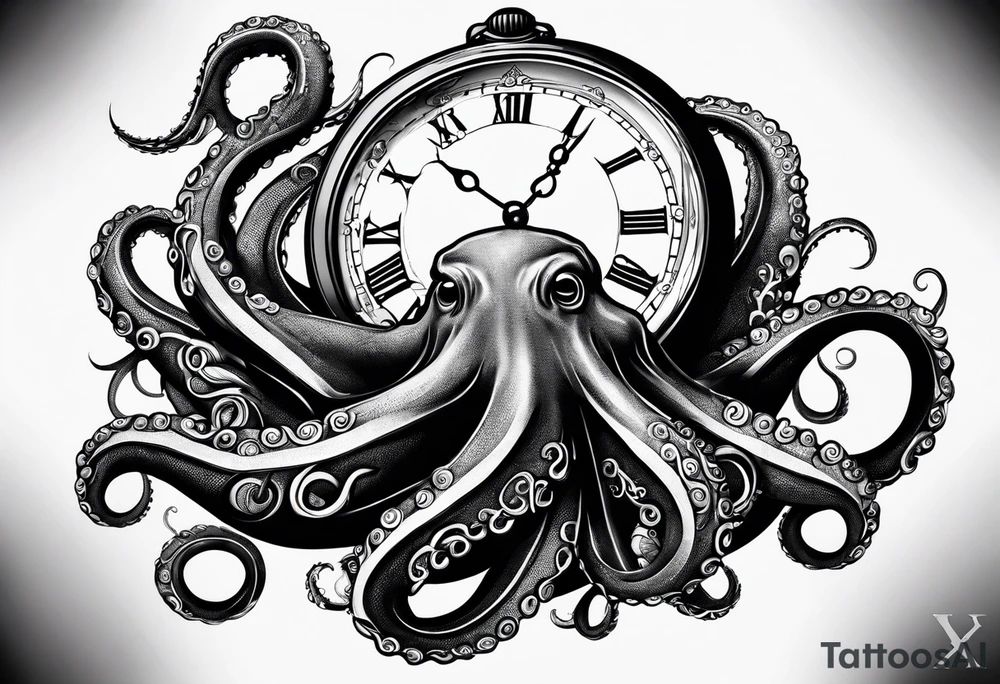 pocket watch wrapped under an aggressive octopus tattoo idea